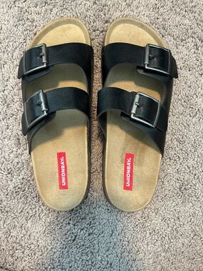 UNIONBAY Black Double-Buckle Slide Sandals with Tan Footbed